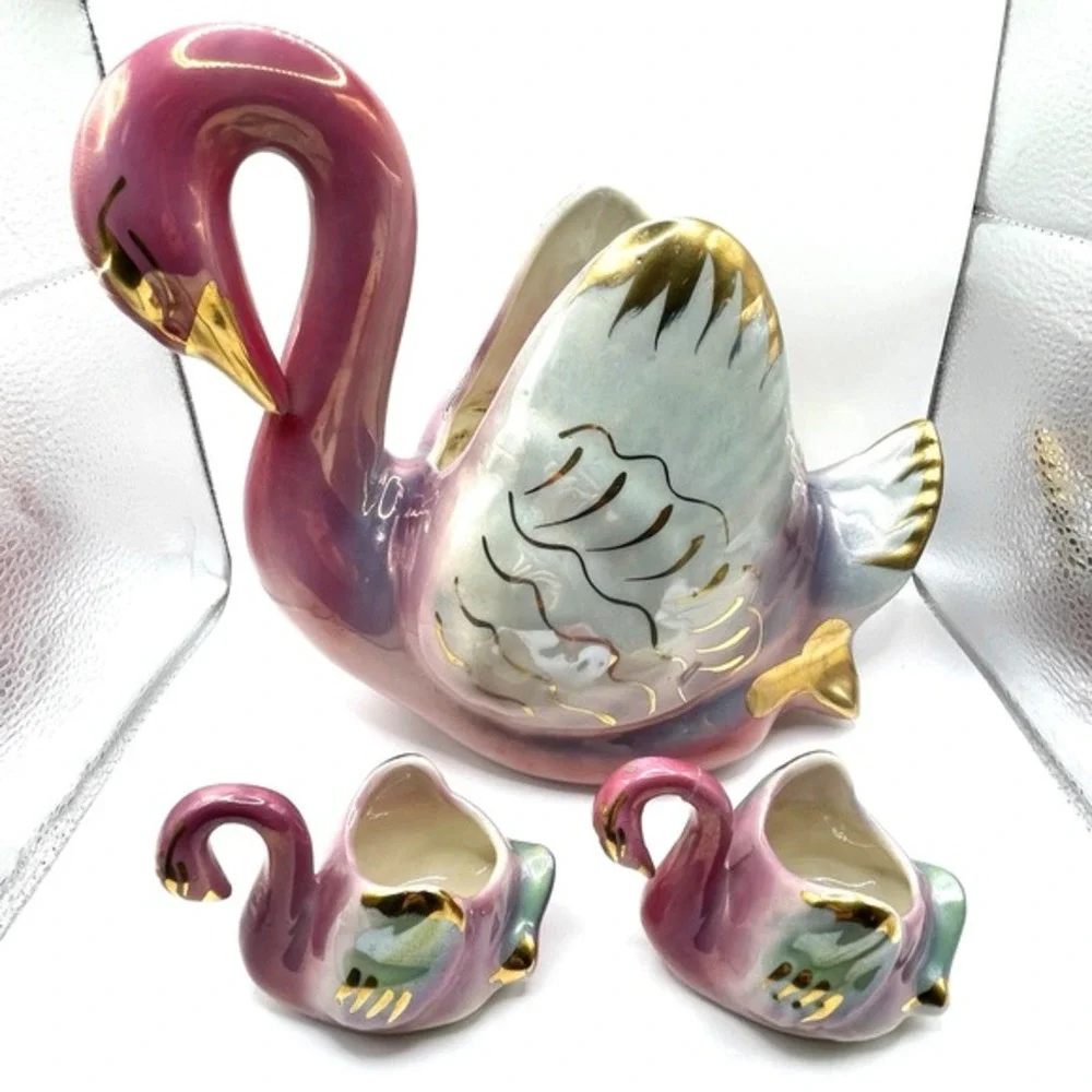 Vintage MCM Pink Iridescent Swan Lusterware Ceramic Planter Gold‎ Trim Set of 3